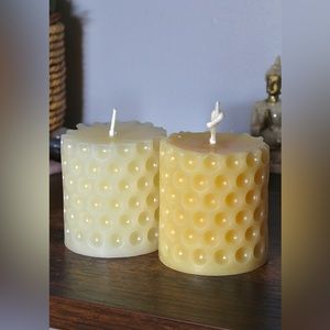 Yellow White Beeswax 2 Pillar Candles 100% Natural Pure Honey Bees Wax Gift